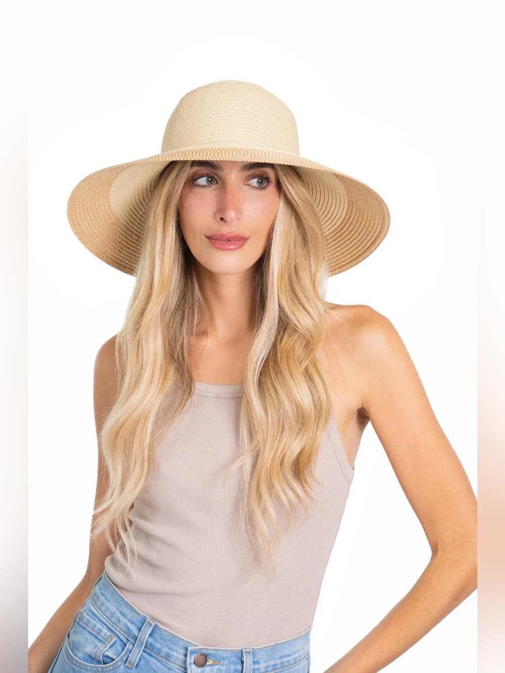 ADRIENNE VITADINI Large Brim Wide Straw
Sun Hat in Beige and Tan -